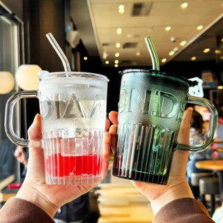 RM4 Murah Transparent Letter glass cup (straw with lid, 480ml) | Transparent Letter RM4 – SatuLand KL