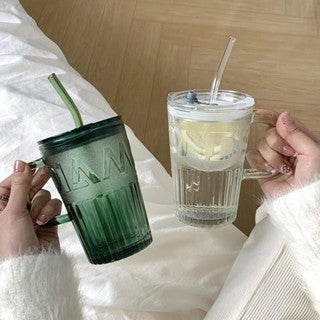 RM4 Murah Transparent Letter glass cup (straw with lid, 480ml) | Transparent Letter RM4 – SatuLand KL